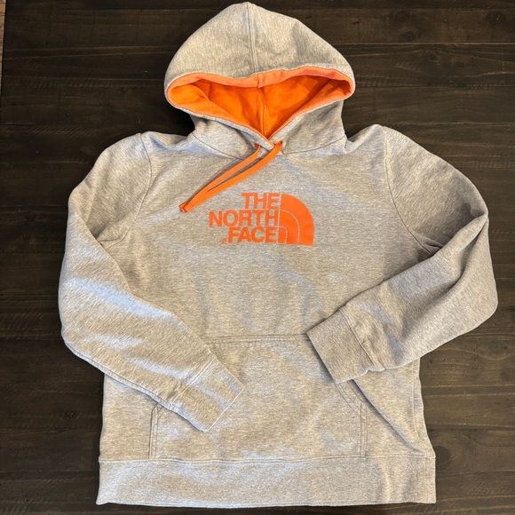 The North Face Women’s size XL Hoodie Gray Orange Big Logo Pullover Sweatshirt - Picture 1 of 5